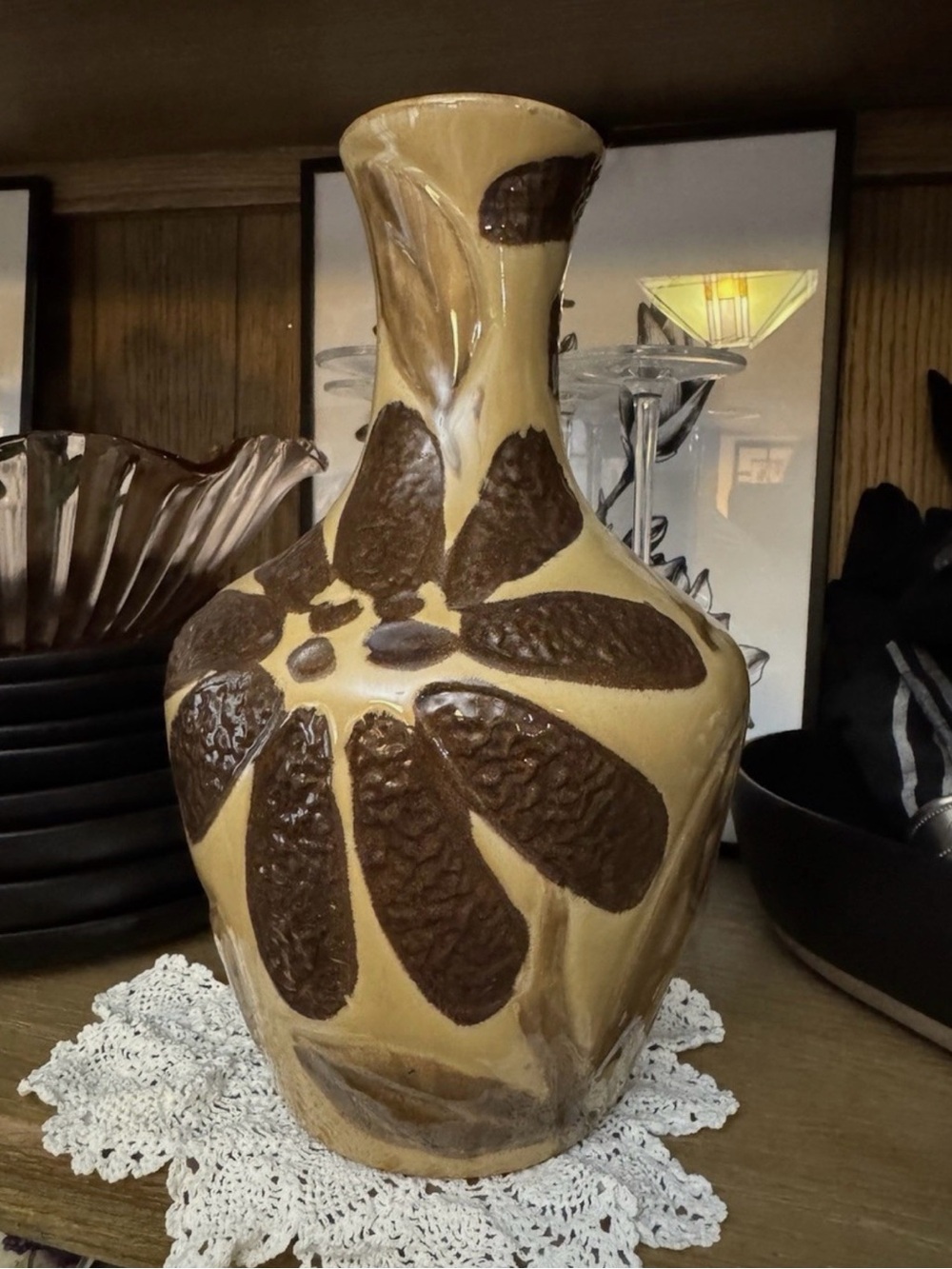 Source Unknown Brown and Cream Decorative Ceramic Vase MCM